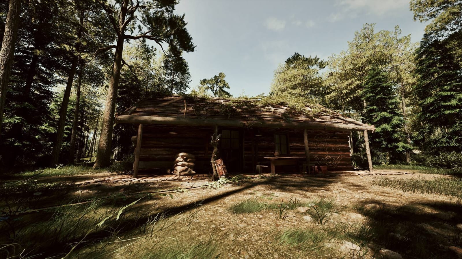 Among the Trolls — the log cabin in a sunlit forest clearing